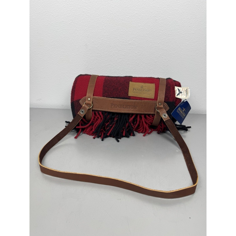 Pendleton Wool Blanket Fringed Red Plaid Motor Robe + Leather Carrier Strap NWT